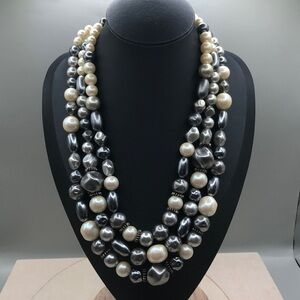 Vintage faux pearls triple strand statement style necklace, formal.